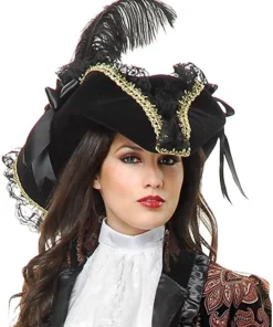 Creative Costuming Ahoy Me Hearties! Black Velvet Lacey Pirate Hat With Feather And Gold Trim